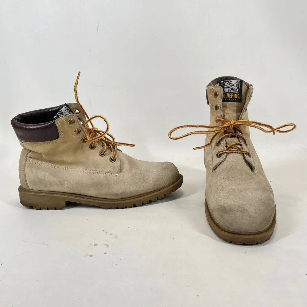 Wolverine Mens Tan Suede Work Boots Made in USA Vintage Lug Sole Size 6.5-7.5